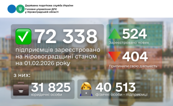 На Кіровоградщині зареєстровано 72338 суб’єктів господарювання