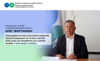 Надходження від платників податків Кіровоградщини за січень-лютий 2026 року до бюджетів усіх рівнів майже 4 мільярди гривень