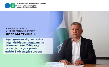Надходження від платників податків Кіровоградщини за січень-квітень  2026 року до бюджетів усіх рівнів майже 8 мільярдів гривень