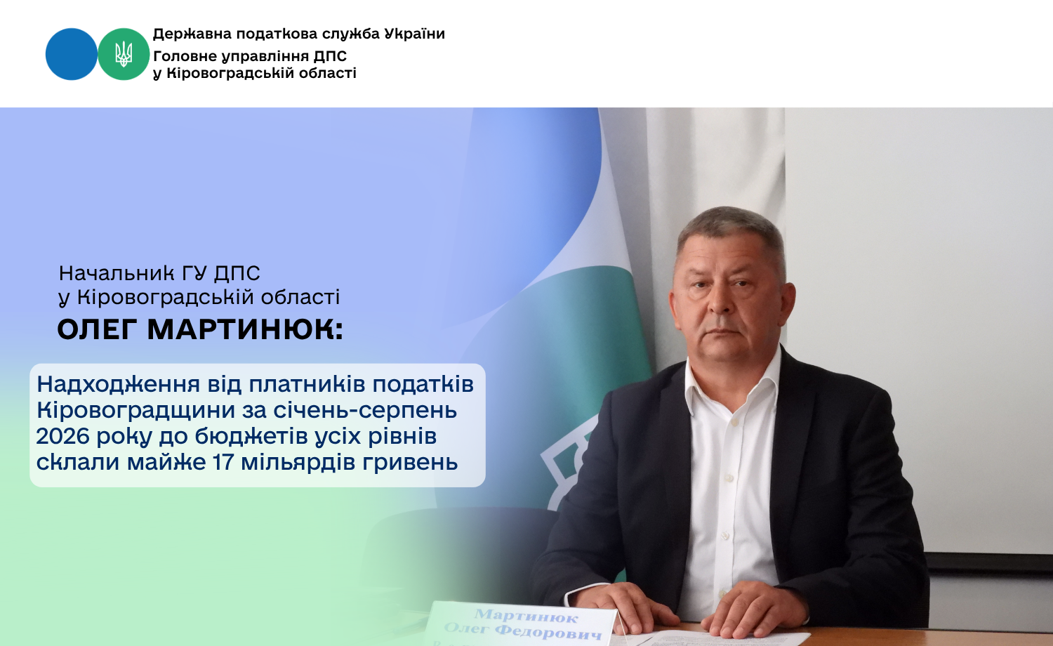 Надходження від платників податків Кіровоградщини за січень-серпень 2026 року до бюджетів усіх рівнів склали майже 17 мільярдів гривень